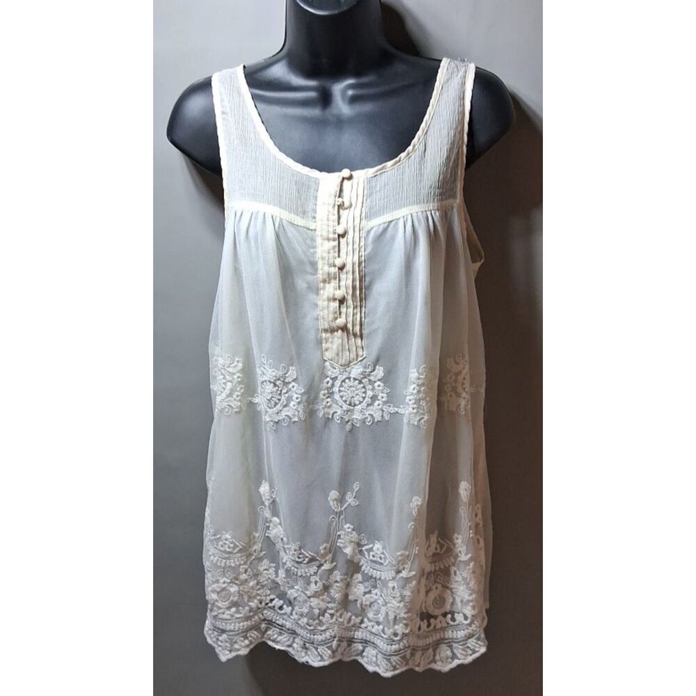 Umgee Cream Lace Cottagecore Boho Sleeveless Tunic Top Tank Blouse Womens Small